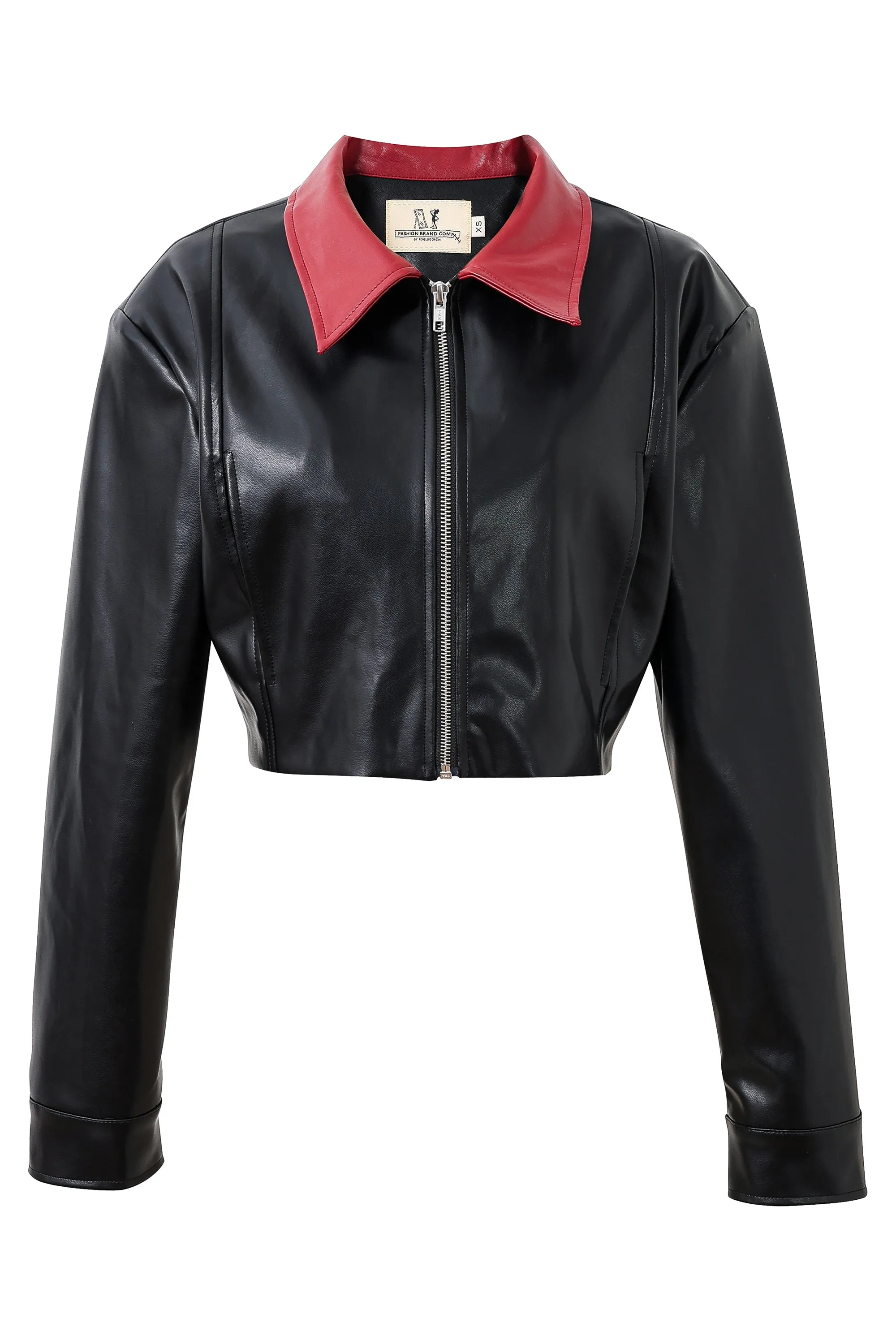 Red Collar Plant Leather Crop Jacket