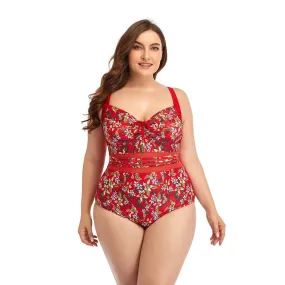 Red Vintage Floral Print Bathing Suit High Waist One Piece Plus Size