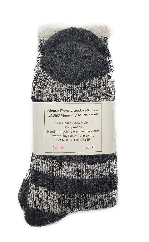 S637 Alpaca Thermal Sock Black Stripe Ladies Medium / Mens Small