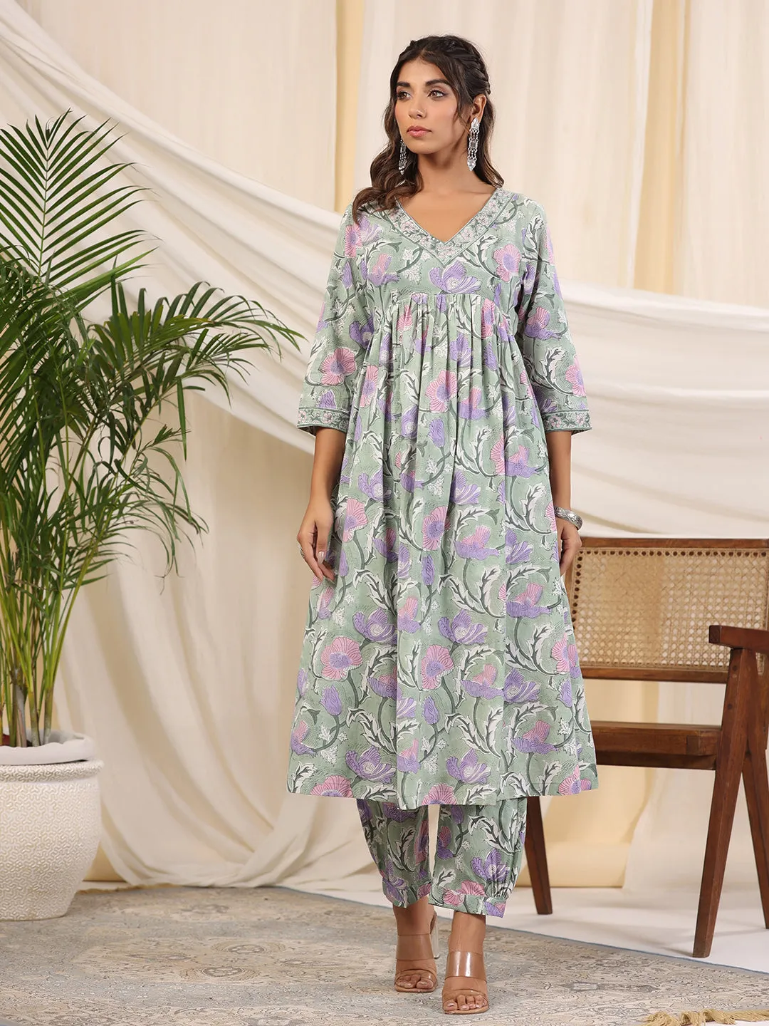 Sadabahaar Sea Green & Pink Jaal Handblock Printed Cotton Kurta Pant Set