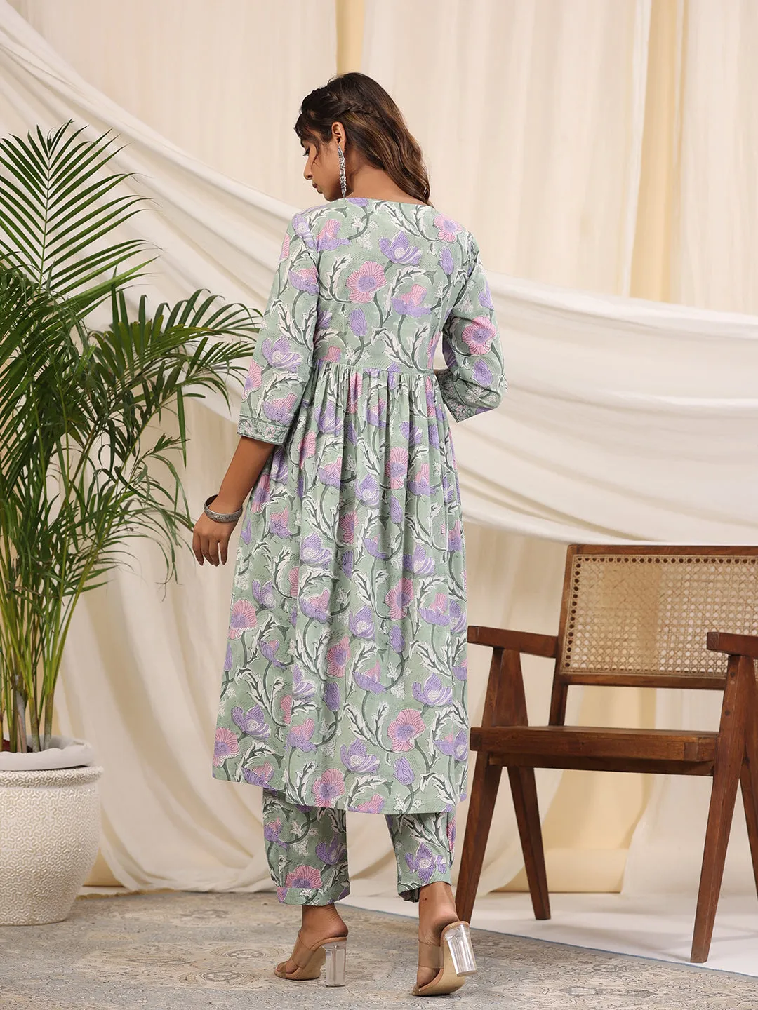 Sadabahaar Sea Green & Pink Jaal Handblock Printed Cotton Kurta Pant Set