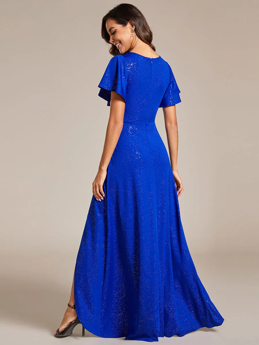 Shiny Tea Length Split Evening Dresses With Ruffle Sleeves