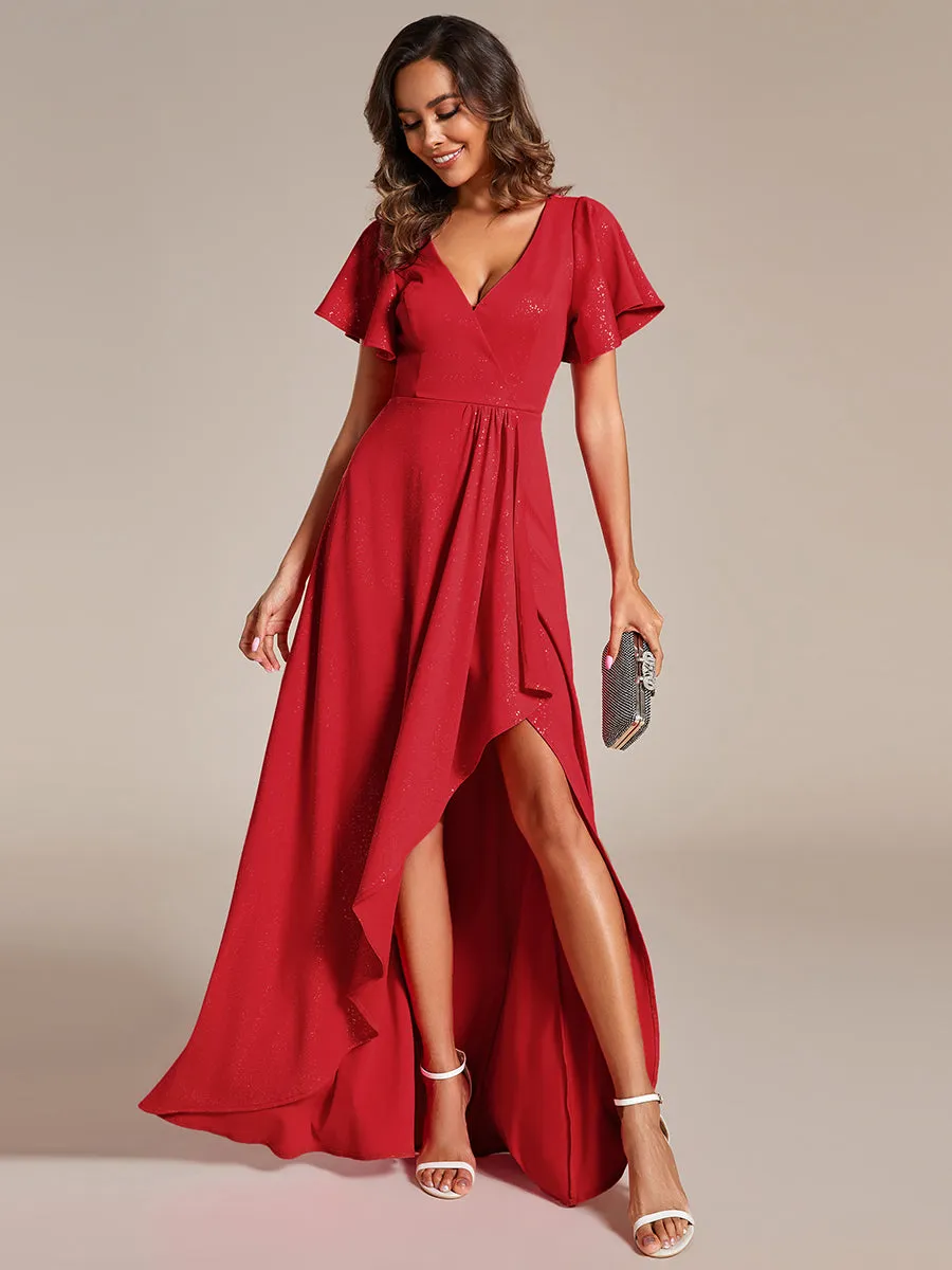 Shiny Tea Length Split Evening Dresses With Ruffle Sleeves