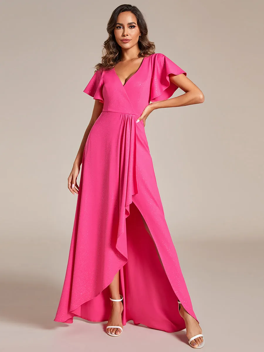 Shiny Tea Length Split Evening Dresses With Ruffle Sleeves