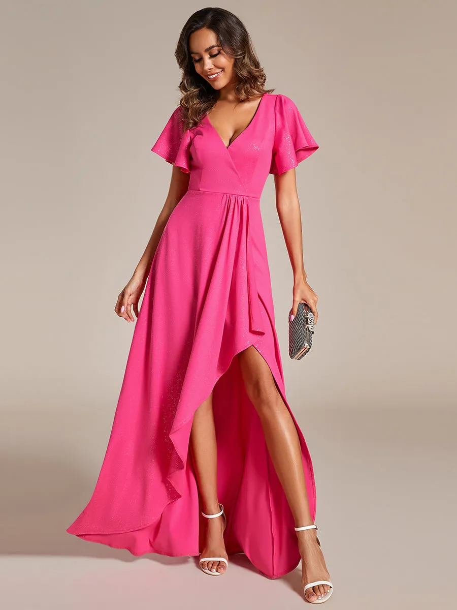 Shiny Tea Length Split Evening Dresses With Ruffle Sleeves