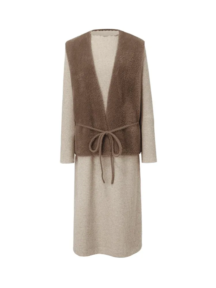 Slim Pinafore Dress And Faux Mink Vest Two-Piece Set With Belt