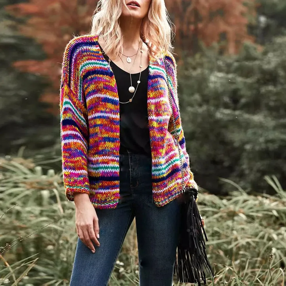 Slouchy Rainbow Stripe Cotton Knit Cardigan Sweater Tops