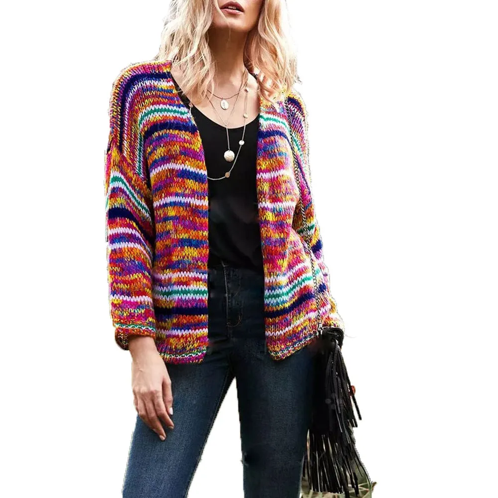 Slouchy Rainbow Stripe Cotton Knit Cardigan Sweater Tops