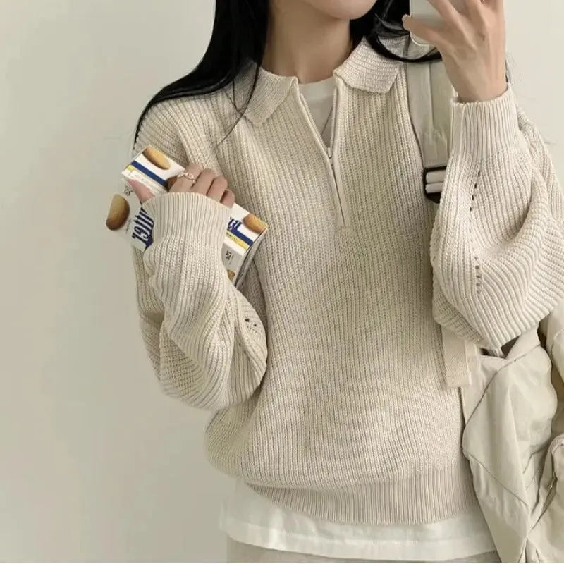 Solid Color Half Zipper Polo Collar Loose Pullover Sweater