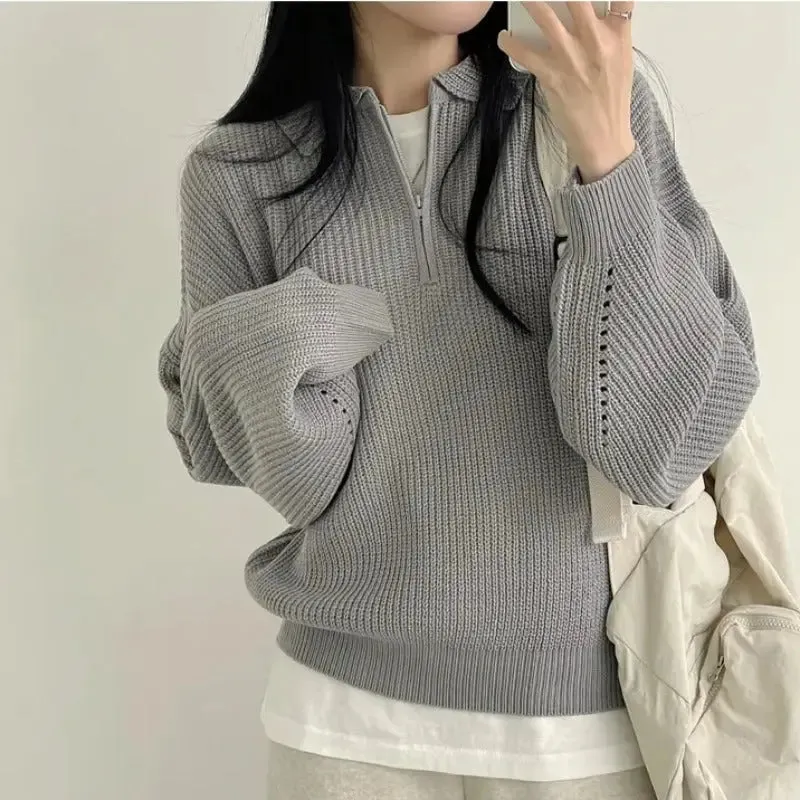 Solid Color Half Zipper Polo Collar Loose Pullover Sweater