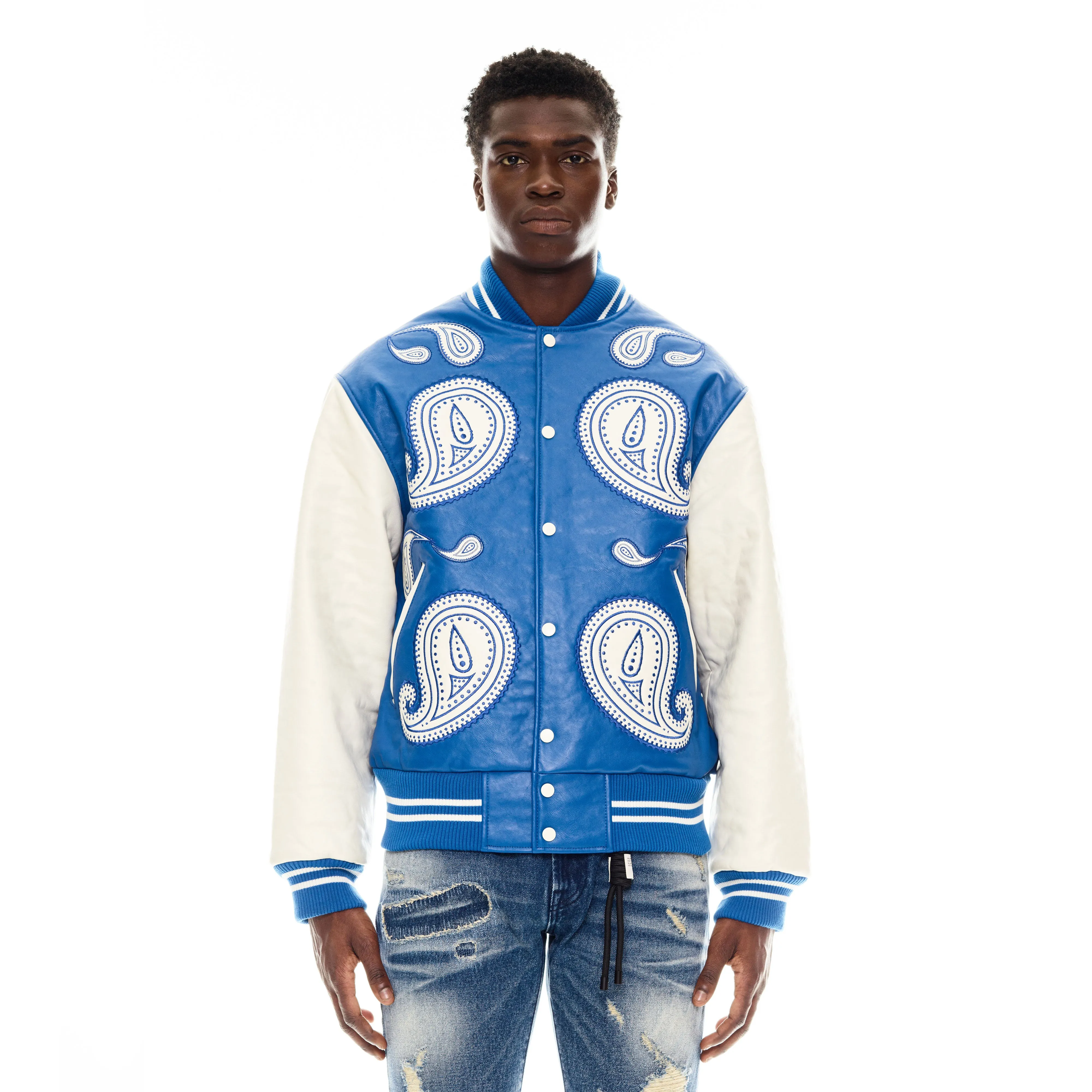 VARSITY PAISLEY JACKET IN ROYAL BLUE