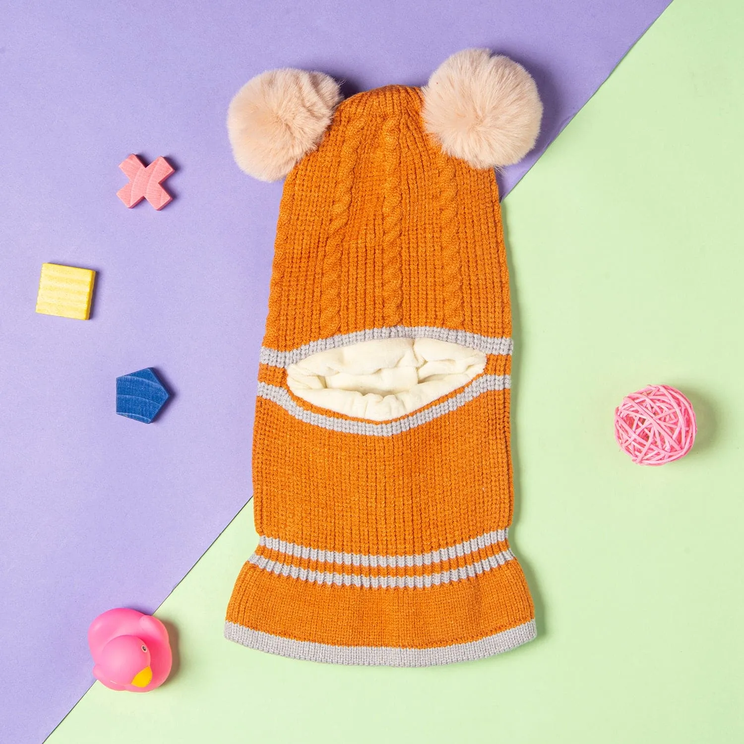 Winter Monkey Cap Woollen Hat Pom Pom Brown