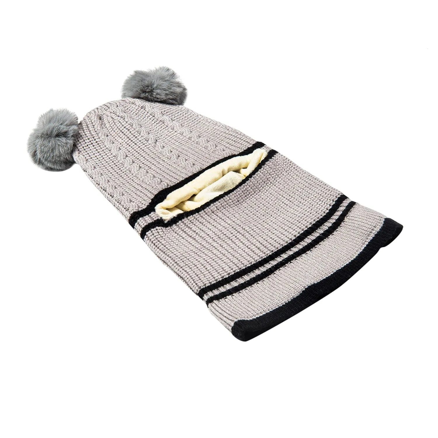 Winter Monkey Cap Woollen Hat Pom Pom Grey