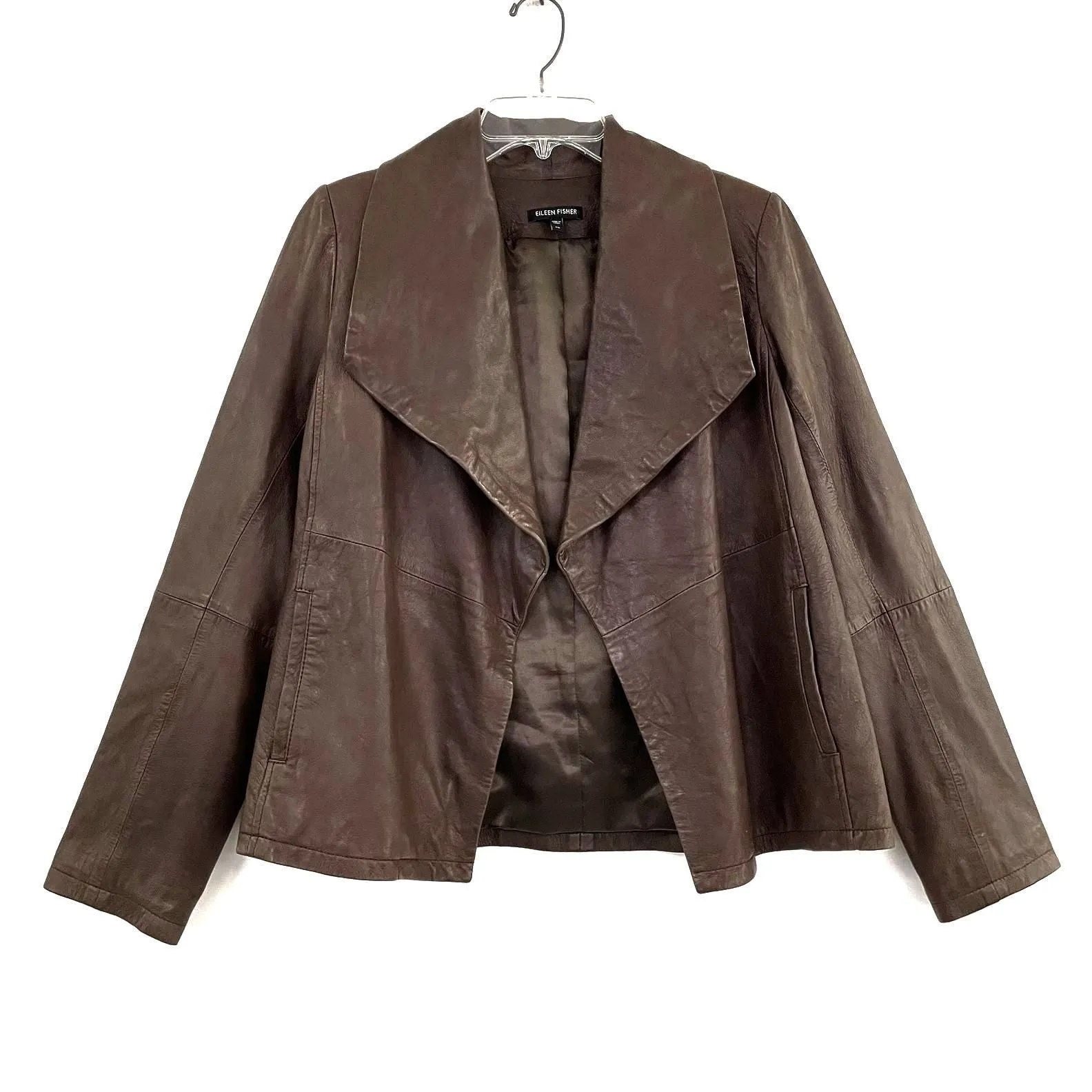 Wmns EILEEN FISHER Brown Genuine Leather Open Front Jacket Sz XS