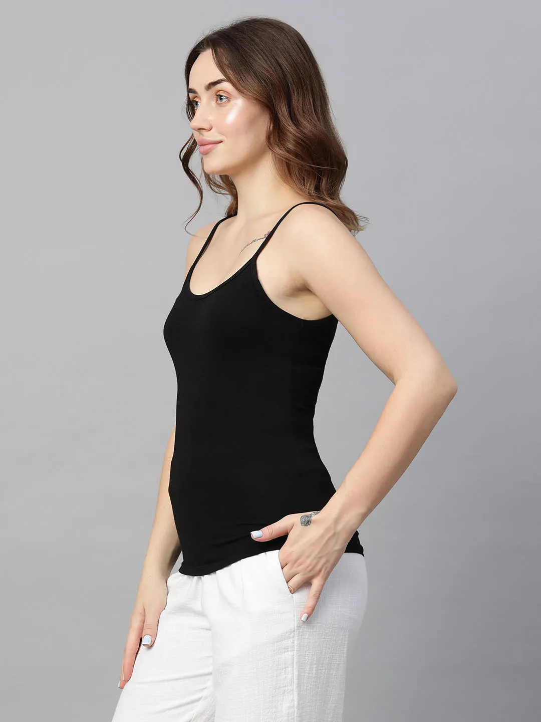 Women's Black Cotton Bamboo Elastane Slim Fit Vest