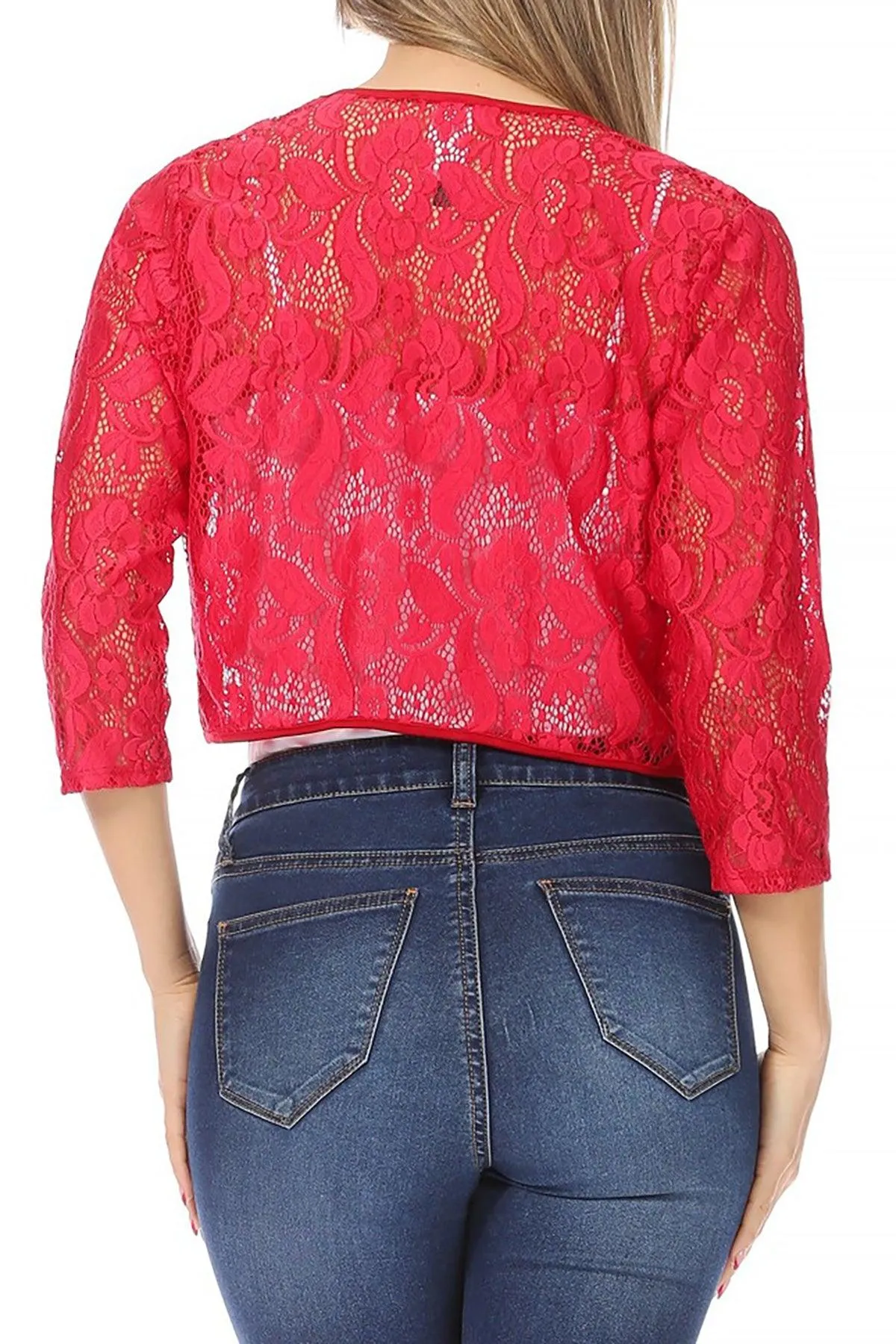 Women's Casual Lace Bolero Crochet Open Cardigan 3/4 Sleeve Sheer Cover Up Jacket