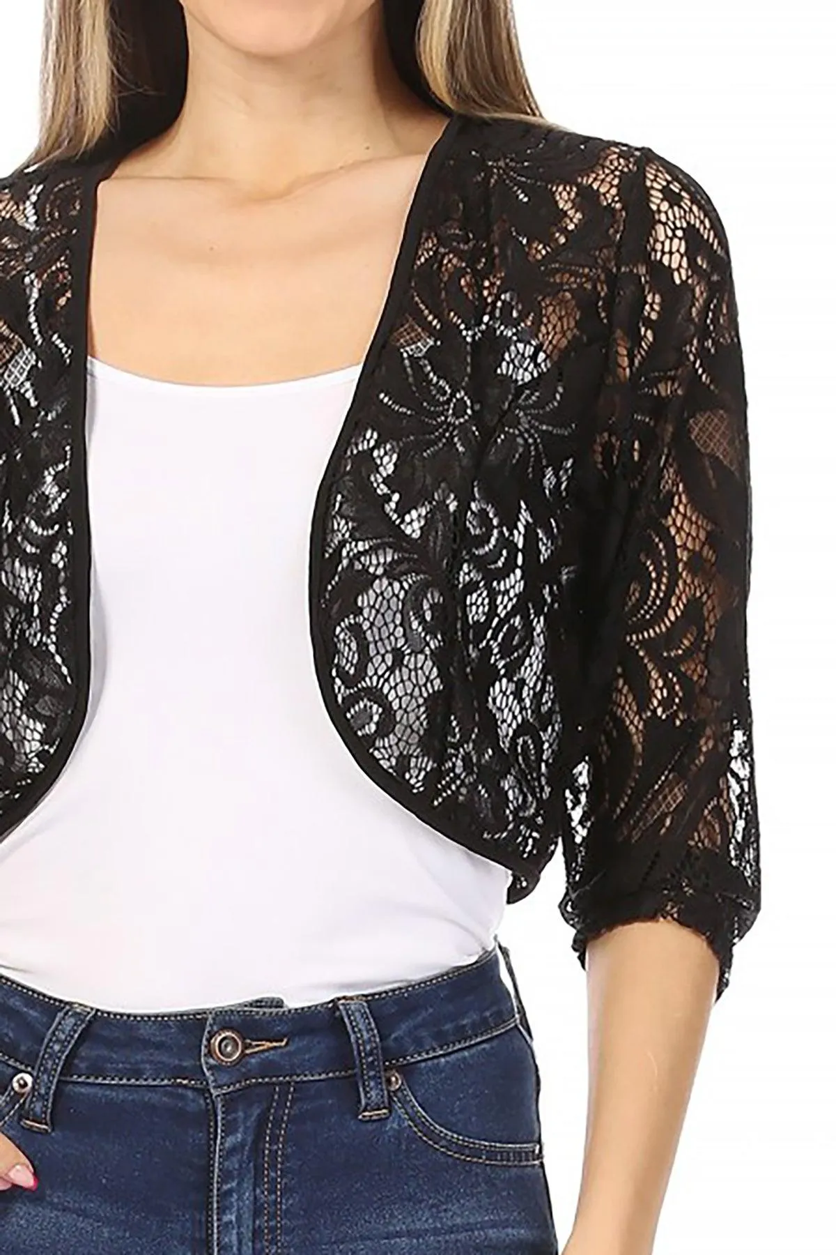 Women's Casual Lace Bolero Crochet Open Cardigan 3/4 Sleeve Sheer Cover Up Jacket