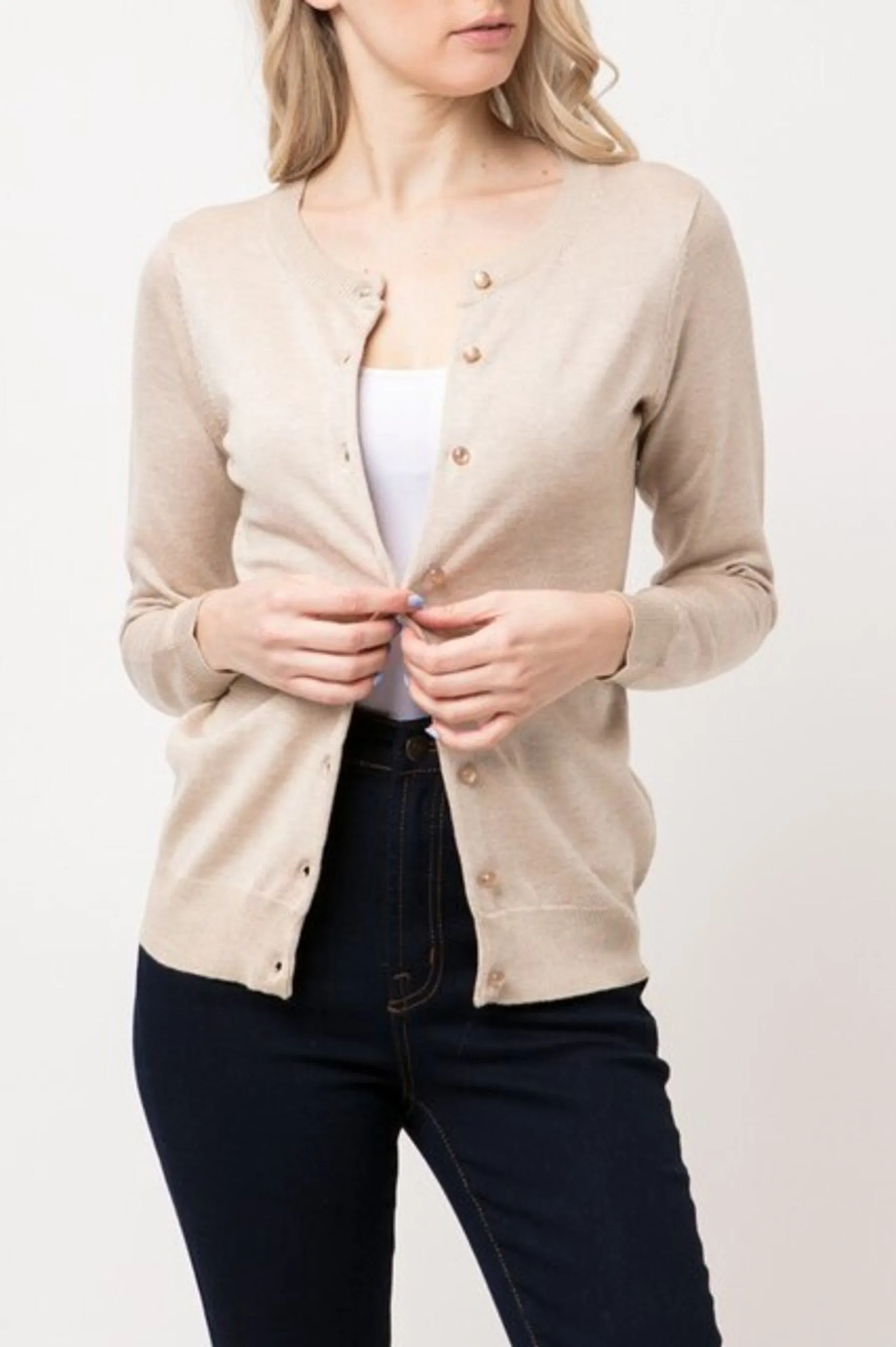 Women's Long Sleeve Button Down Crewneck Sweater Knit Cardigan