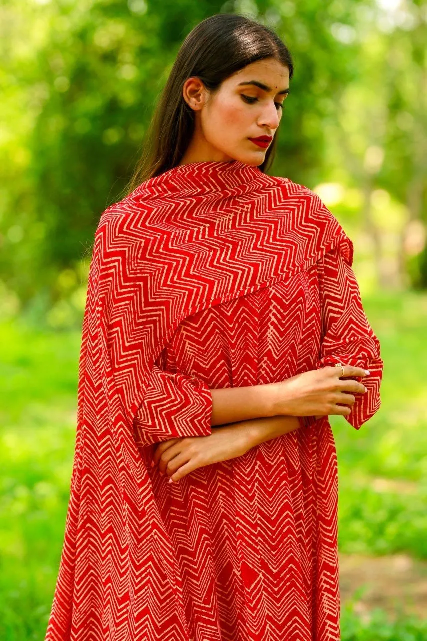 Zigzag handblock print three kali red straight set